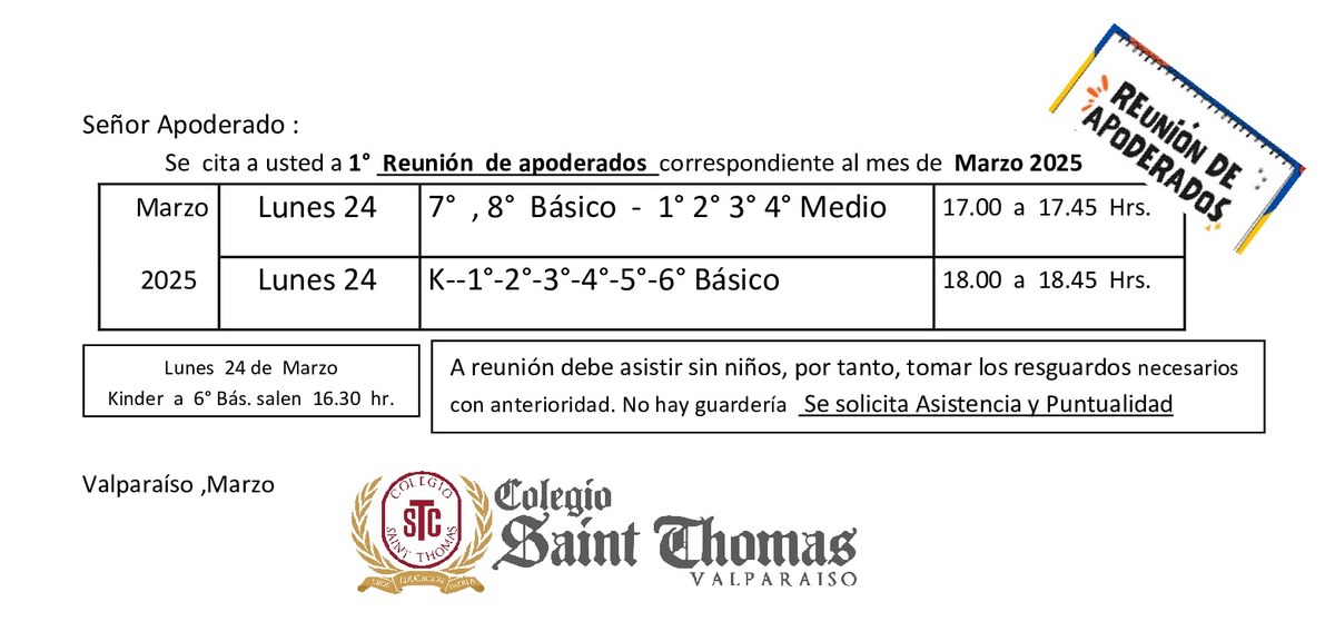 Convocatoria a reunión de apoderados de marzo 2025 con horarios por curso